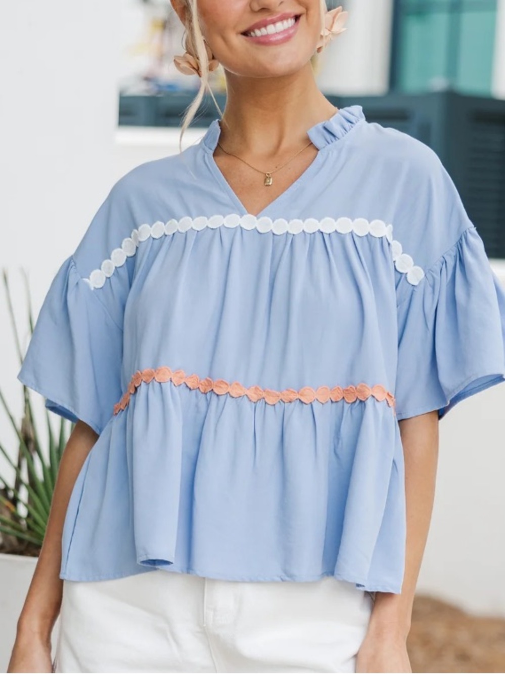 Light Blue Ruffle Trim V-Neck Blouse